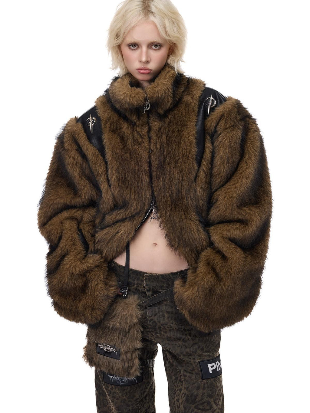 PINKSPINK Coffee 3d Cut Patchwork Oversized High Collar Women's Faux Fur Coats