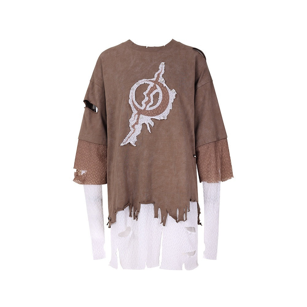 PINKSPINK_Coffee_Brown_Ripped_Layered_Geo_Print_Women's_Mesh_Short_Sleeve_T-shirts_788700300113_MISSTT
