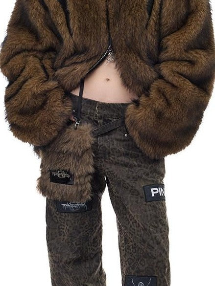 PINKSPINK Coffee Brown Sculpted Patchwork Oversized Y2k Women's Faux Fur Coats