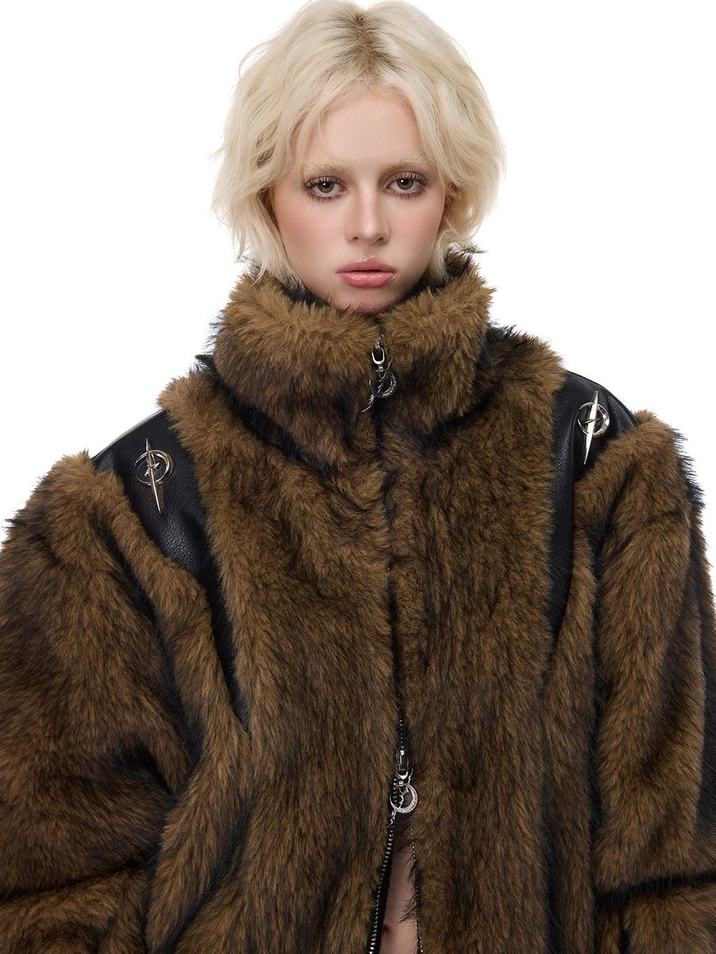 PINKSPINK Coffee Brown Sculpted Patchwork Oversized Y2k Women's Faux Fur Coats