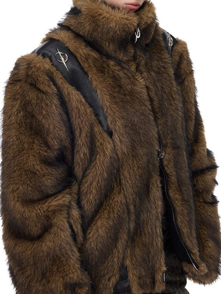 PINKSPINK Coffee Brown Sculpted Patchwork Oversized Y2k Women's Faux Fur Coats