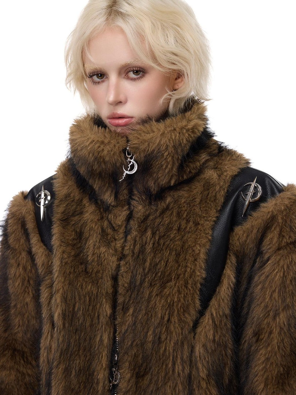 PINKSPINK Coffee Brown Sculpted Patchwork Oversized Y2k Women's Faux Fur Coats
