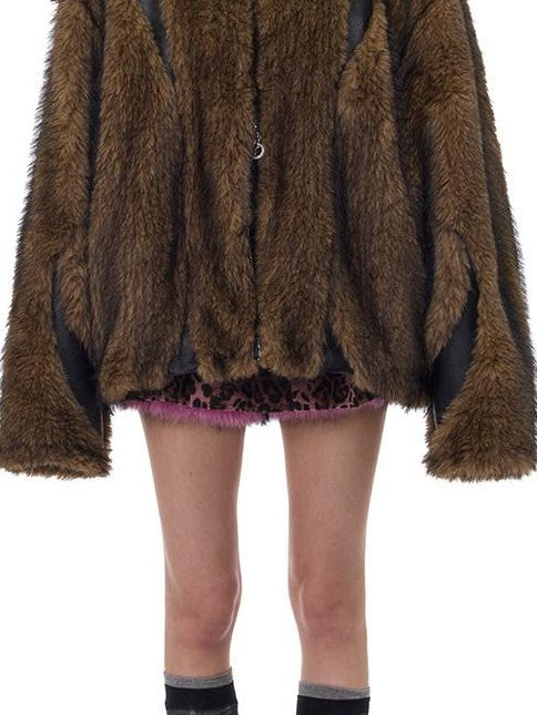 PINKSPINK Coffee Brown Sculpted Patchwork Oversized Y2k Women's Faux Fur Coats