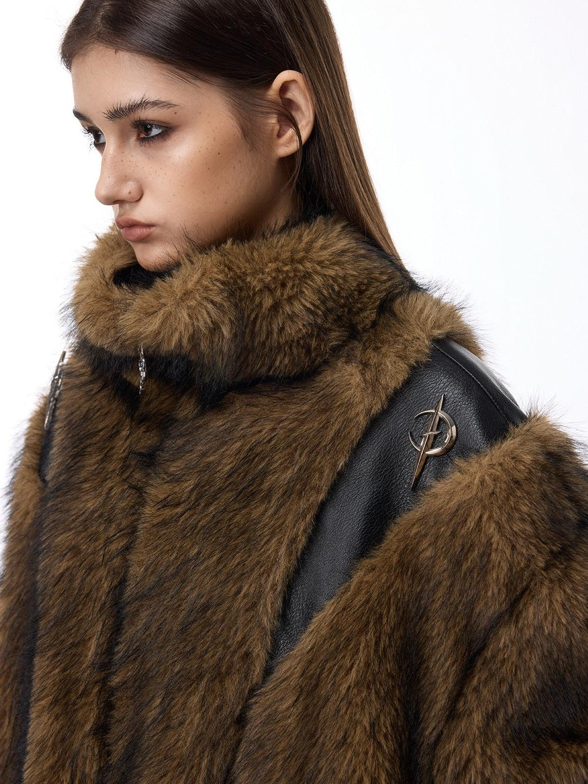 PINKSPINK Coffee Brown Sculpted Patchwork Oversized Y2k Women's Faux Fur Coats