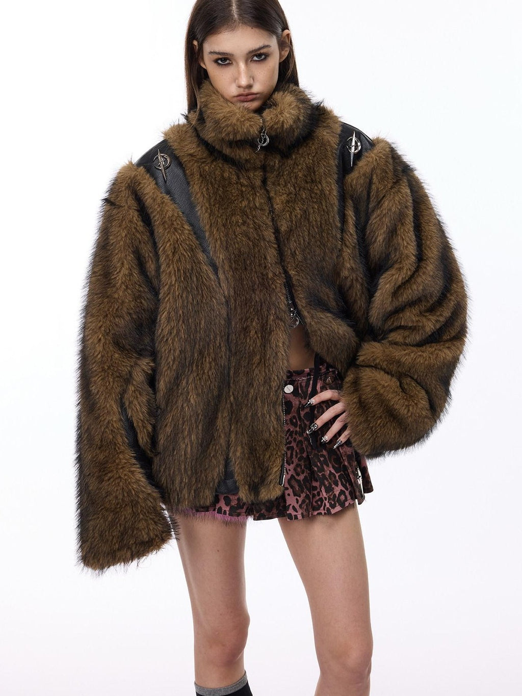 PINKSPINK Coffee Brown Sculpted Patchwork Oversized Y2k Women's Faux Fur Coats