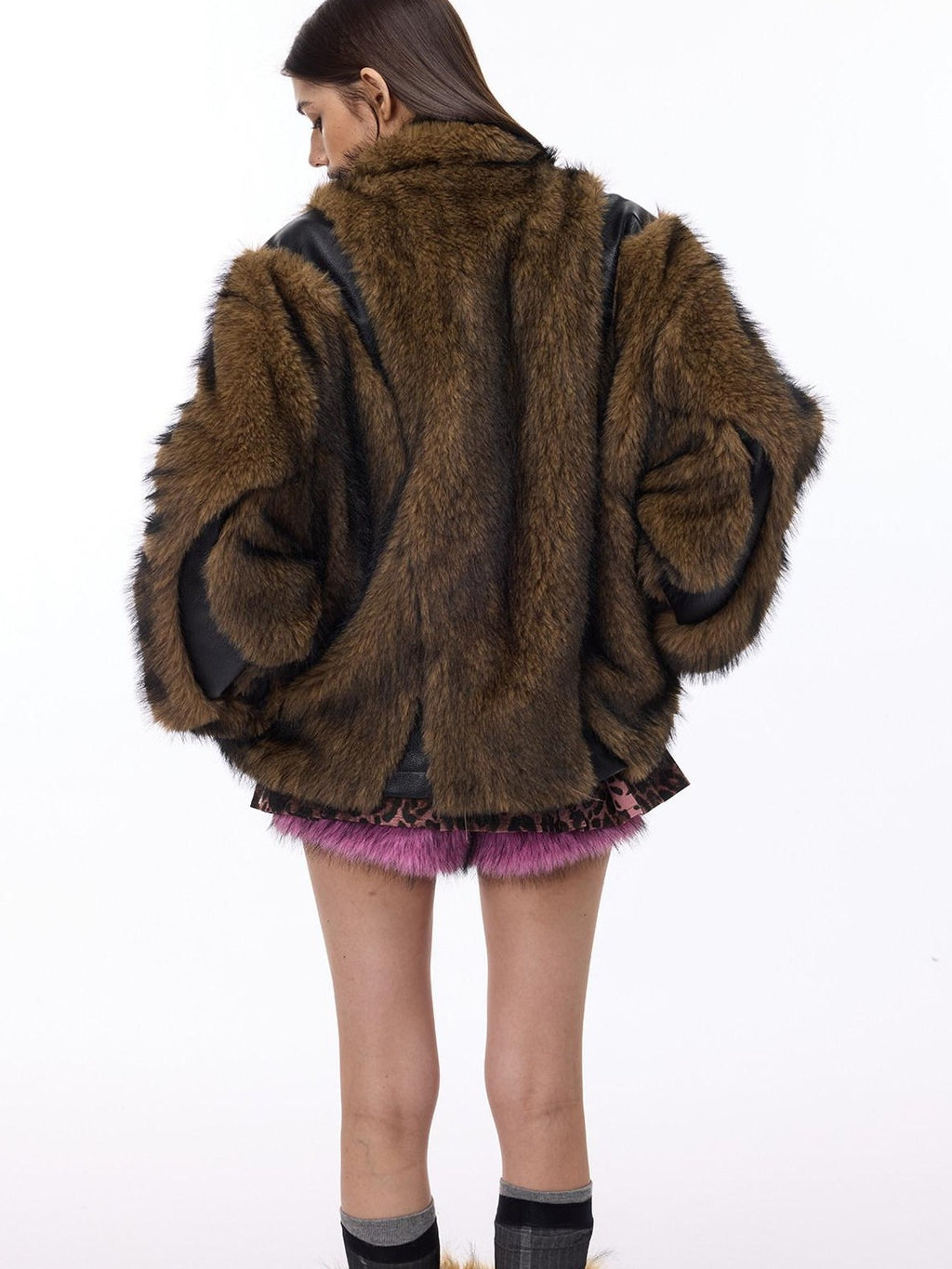 PINKSPINK Coffee Brown Sculpted Patchwork Oversized Y2k Women's Faux Fur Coats