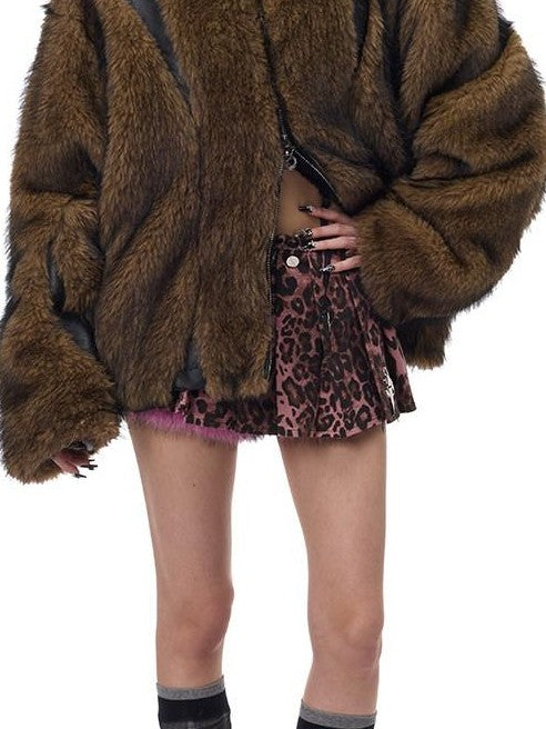 PINKSPINK Coffee Brown Sculpted Patchwork Oversized Y2k Women's Faux Fur Coats