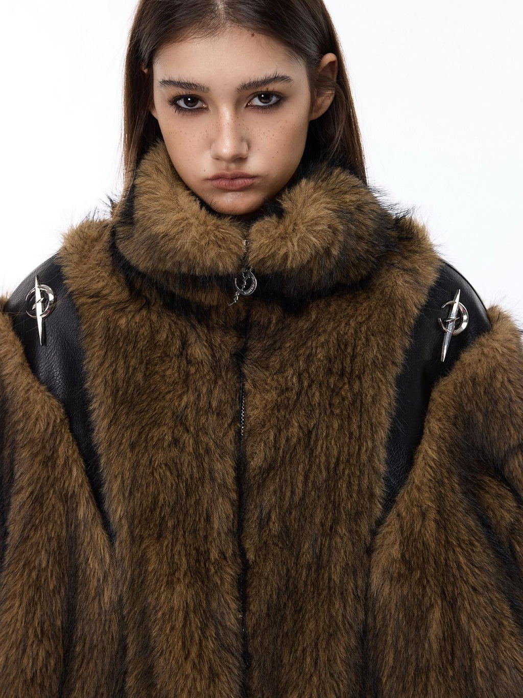 PINKSPINK Coffee Brown Sculpted Patchwork Oversized Y2k Women's Faux Fur Coats