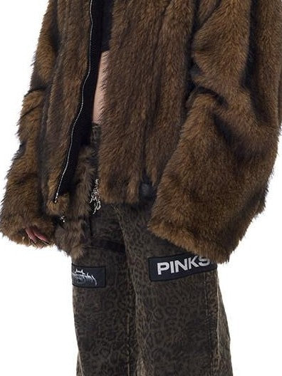 PINKSPINK Coffee Brown Sculpted Patchwork Oversized Y2k Women's Faux Fur Coats