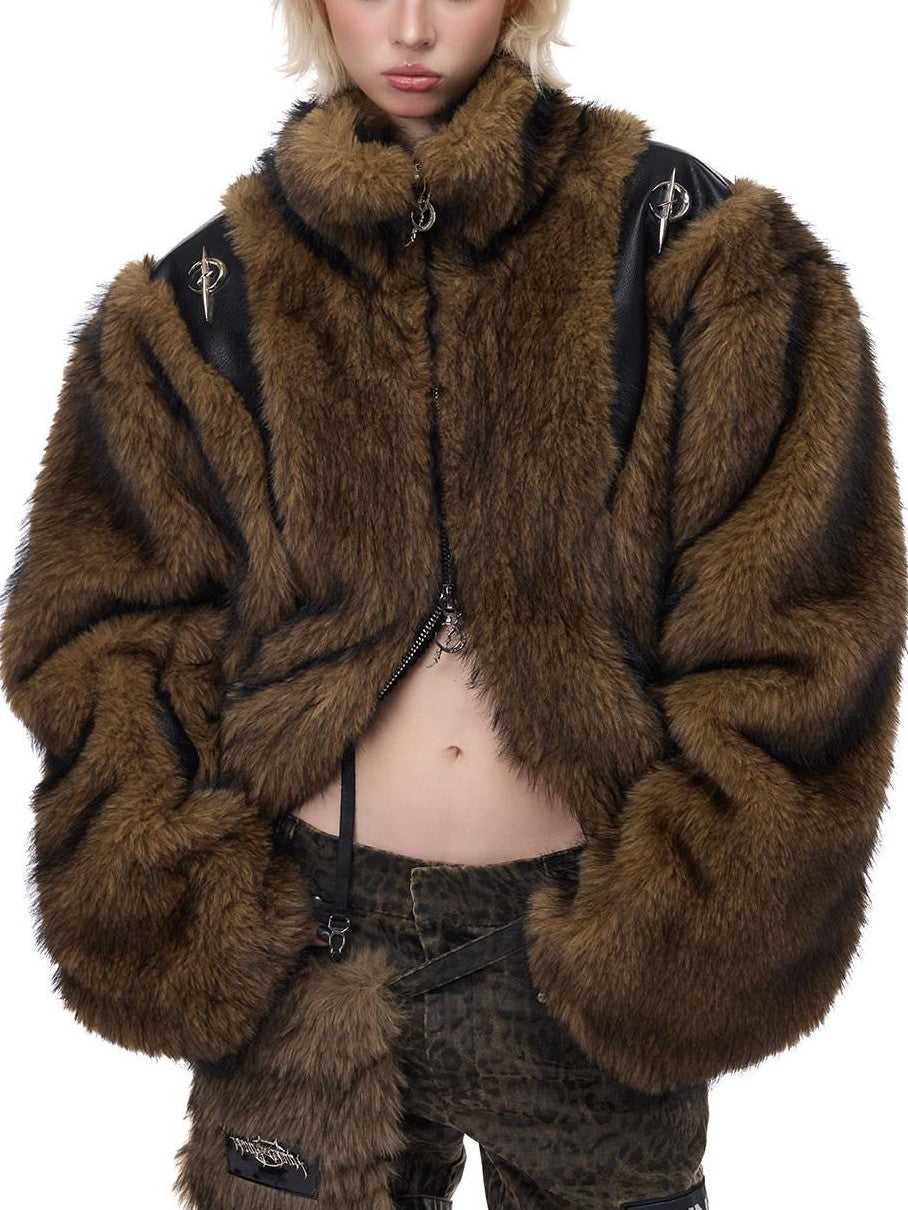 PINKSPINK Coffee Brown Sculpted Patchwork Oversized Y2k Women's Faux Fur Coats