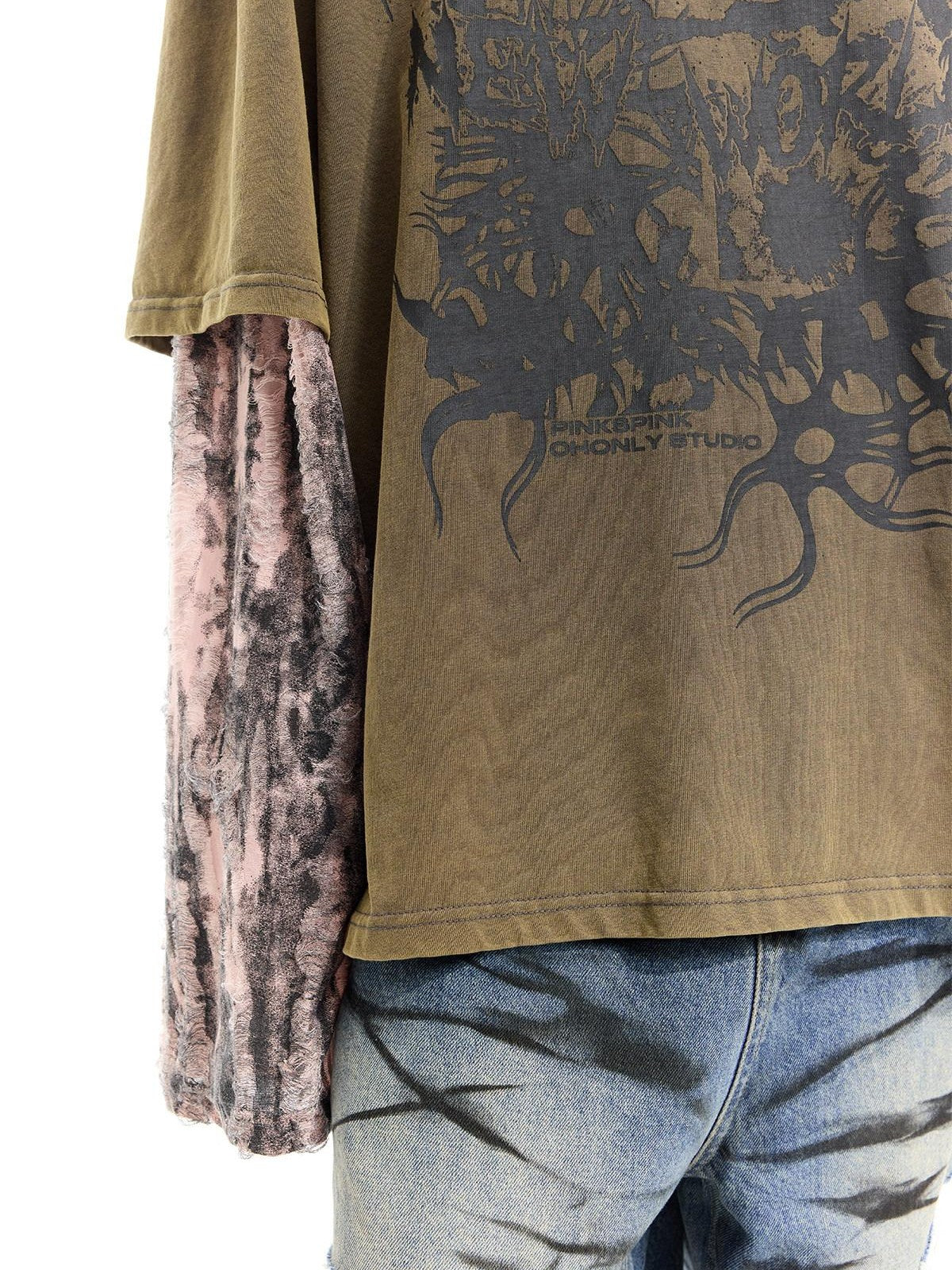PINKSPINK Coffee Washed Distressed Print Faux Layer Women's Cotton Long Sleeve T-shirts