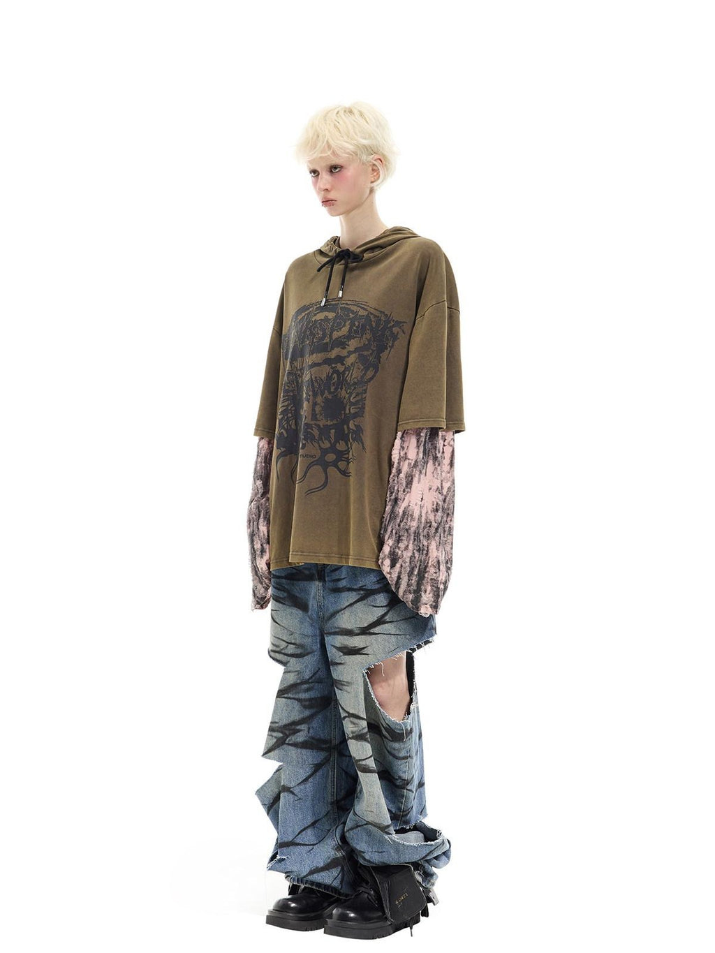 PINKSPINK Coffee Washed Distressed Print Faux Layer Women's Cotton Long Sleeve T-shirts