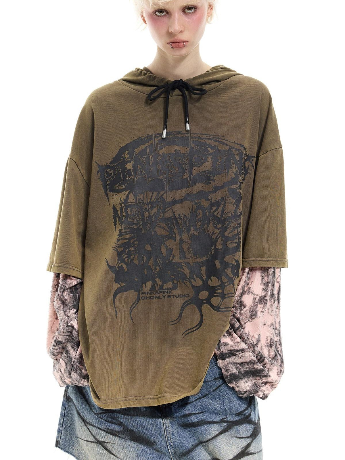PINKSPINK Coffee Washed Distressed Print Faux Layer Women's Cotton Long Sleeve T-shirts
