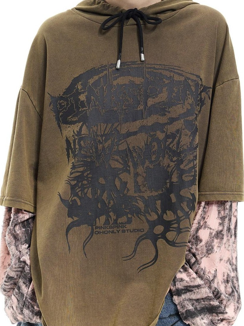 PINKSPINK Coffee Washed Layered Look Text Print Women's Cotton Long Sleeve T-shirts