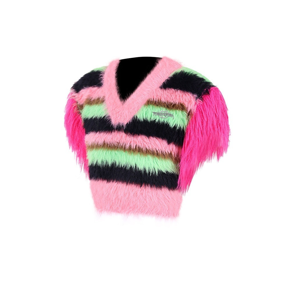 PINKSPINK_Colorblock_Contrast_Striped_V-neck_Knit_Women's_Cotton_Short_Vests_691896721690_MISSTT