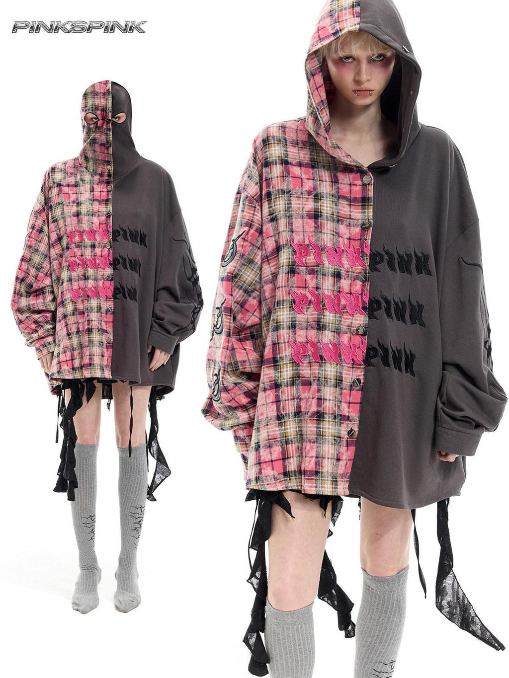 PINKSPINK Colorblock Patchwork Embroidered Hooded Women's Cotton Tunic Blouses
