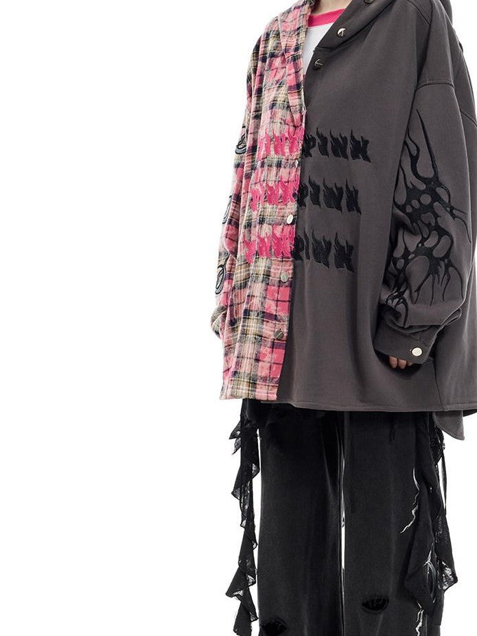 PINKSPINK Colorblock Patchwork Embroidered Hooded Women's Cotton Tunic Blouses