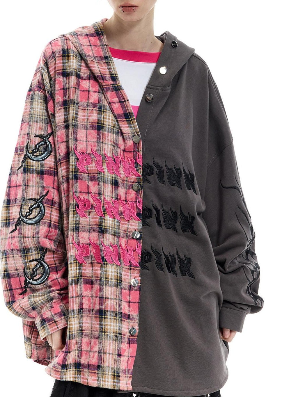 PINKSPINK Colorblock Patchwork Embroidered Hooded Women's Cotton Tunic Blouses