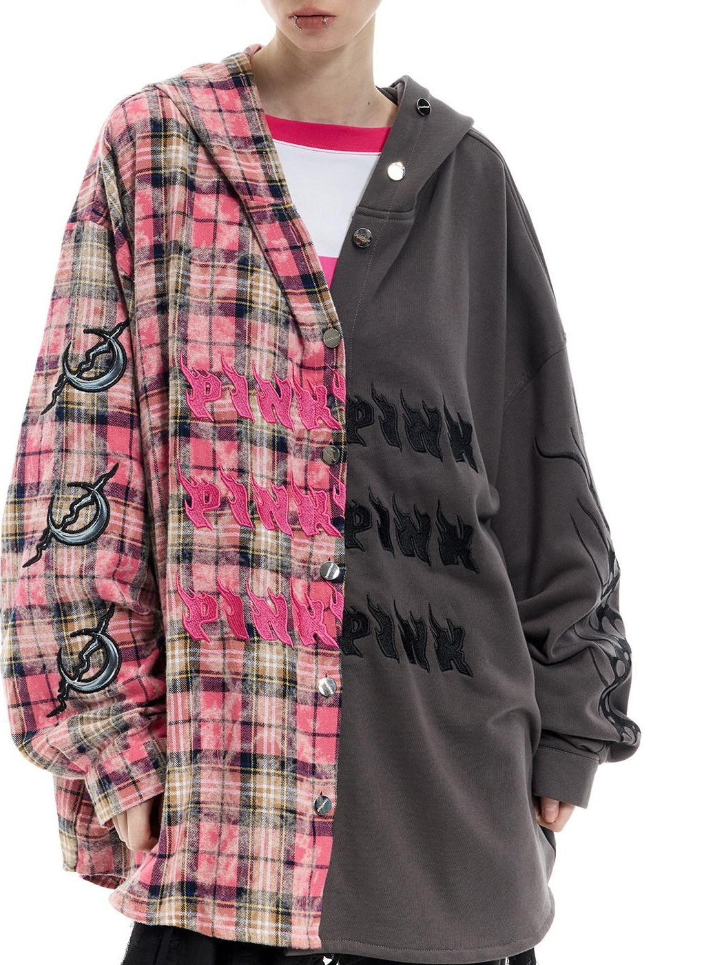 PINKSPINK Colorblock Patchwork Embroidered Hooded Women's Cotton Tunic Blouses