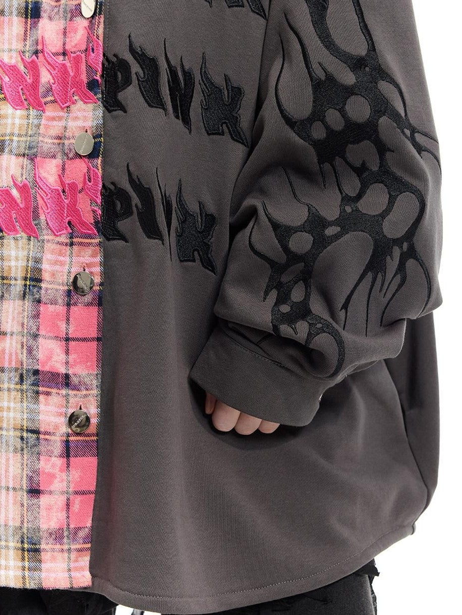 PINKSPINK Colorblock Patchwork Embroidered Hooded Women's Cotton Tunic Blouses