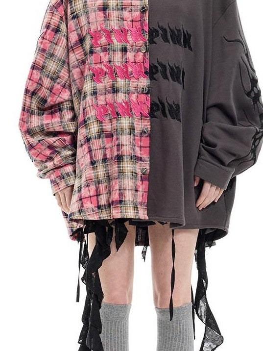 PINKSPINK Colorblock Patchwork Embroidered Hooded Women's Cotton Tunic Blouses