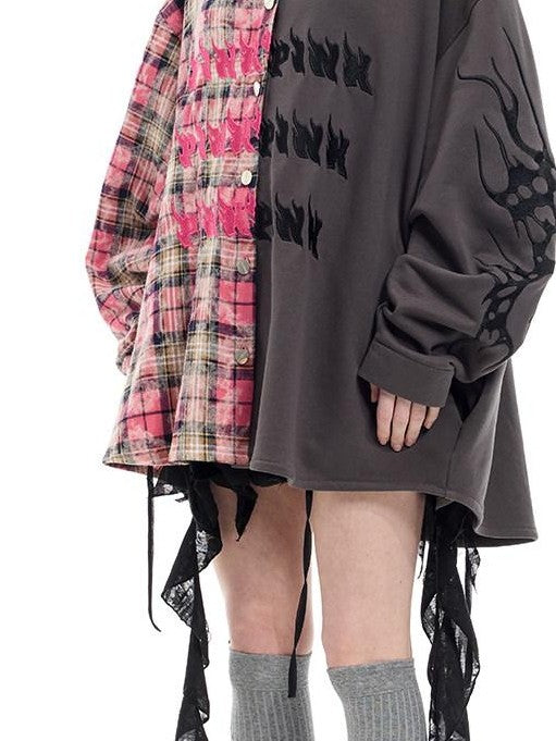 PINKSPINK Colorblock Patchwork Embroidered Hooded Women's Cotton Tunic Blouses