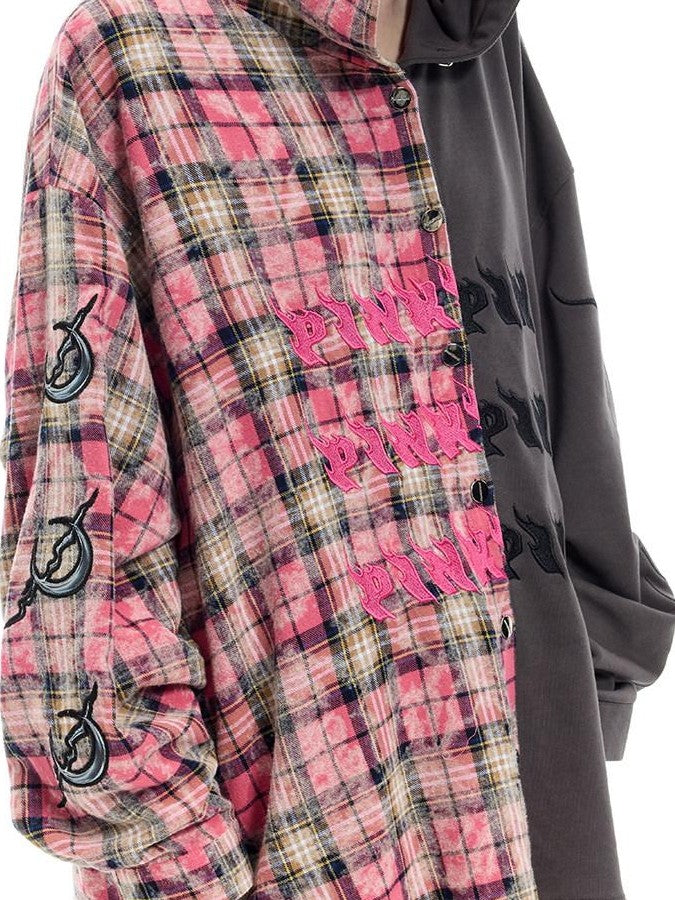 PINKSPINK Colorblock Patchwork Embroidered Hooded Women's Cotton Tunic Blouses