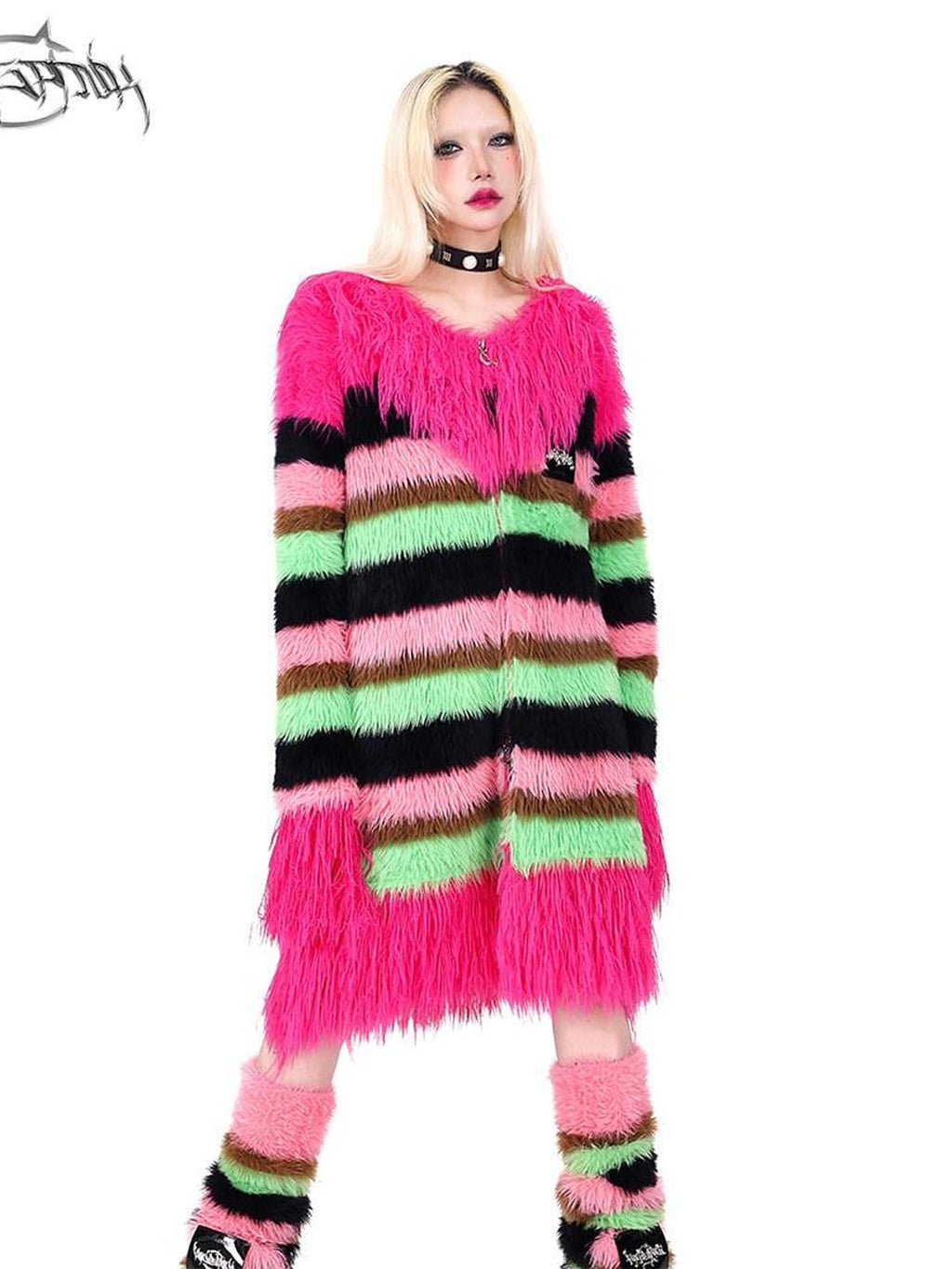 PINKSPINK Contrast Color Striped Zipper V-neck Mid Length Loose Women's Cotton Cardigans