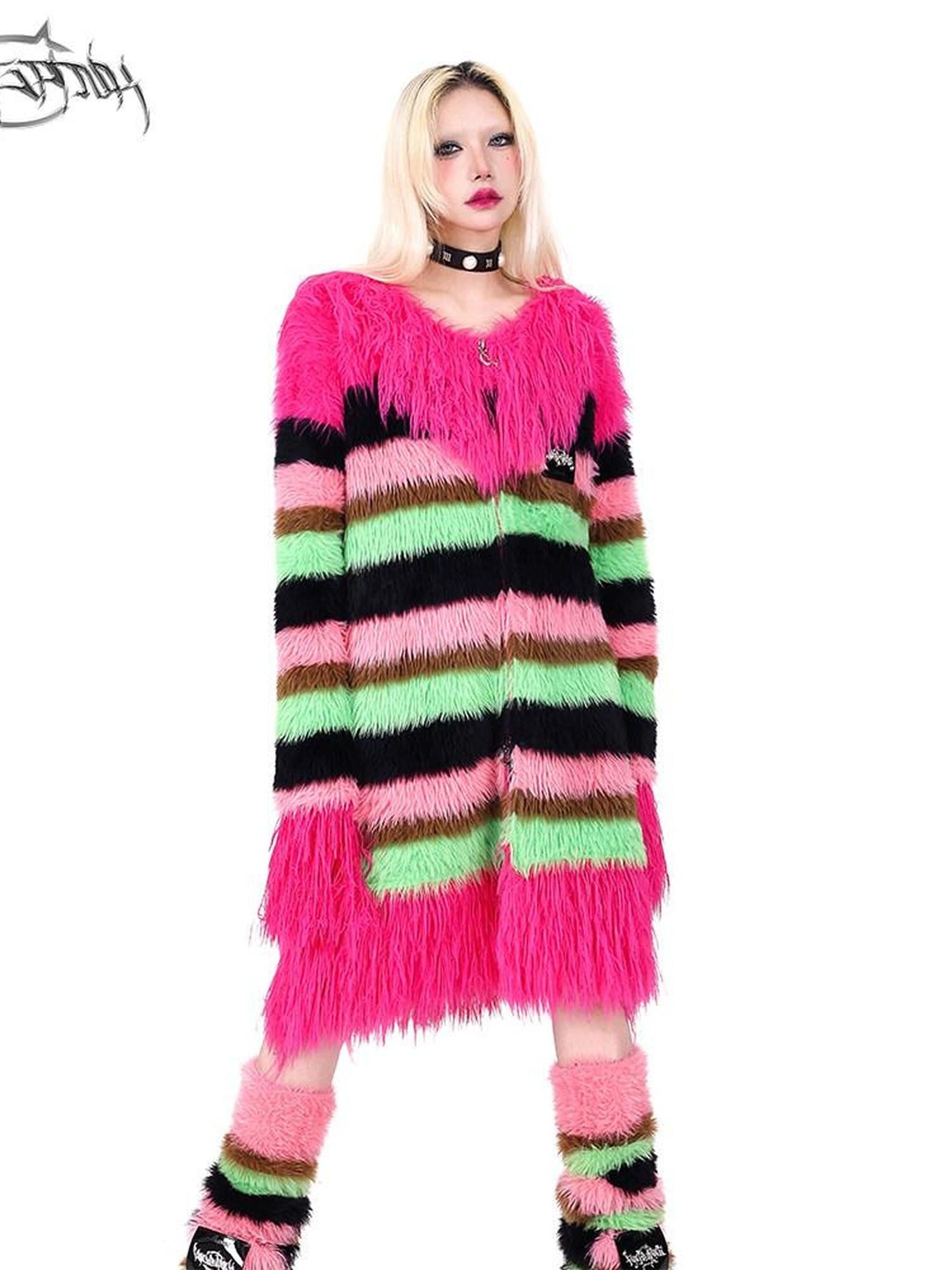 PINKSPINK Contrast Color Striped Zipper V-neck Mid Length Loose Women's Cotton Cardigans
