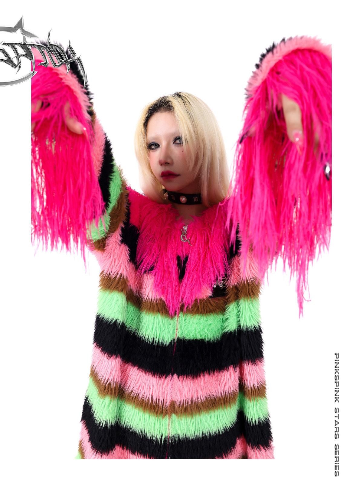 PINKSPINK Contrast Color Striped Zipper V-neck Mid Length Loose Women's Cotton Cardigans