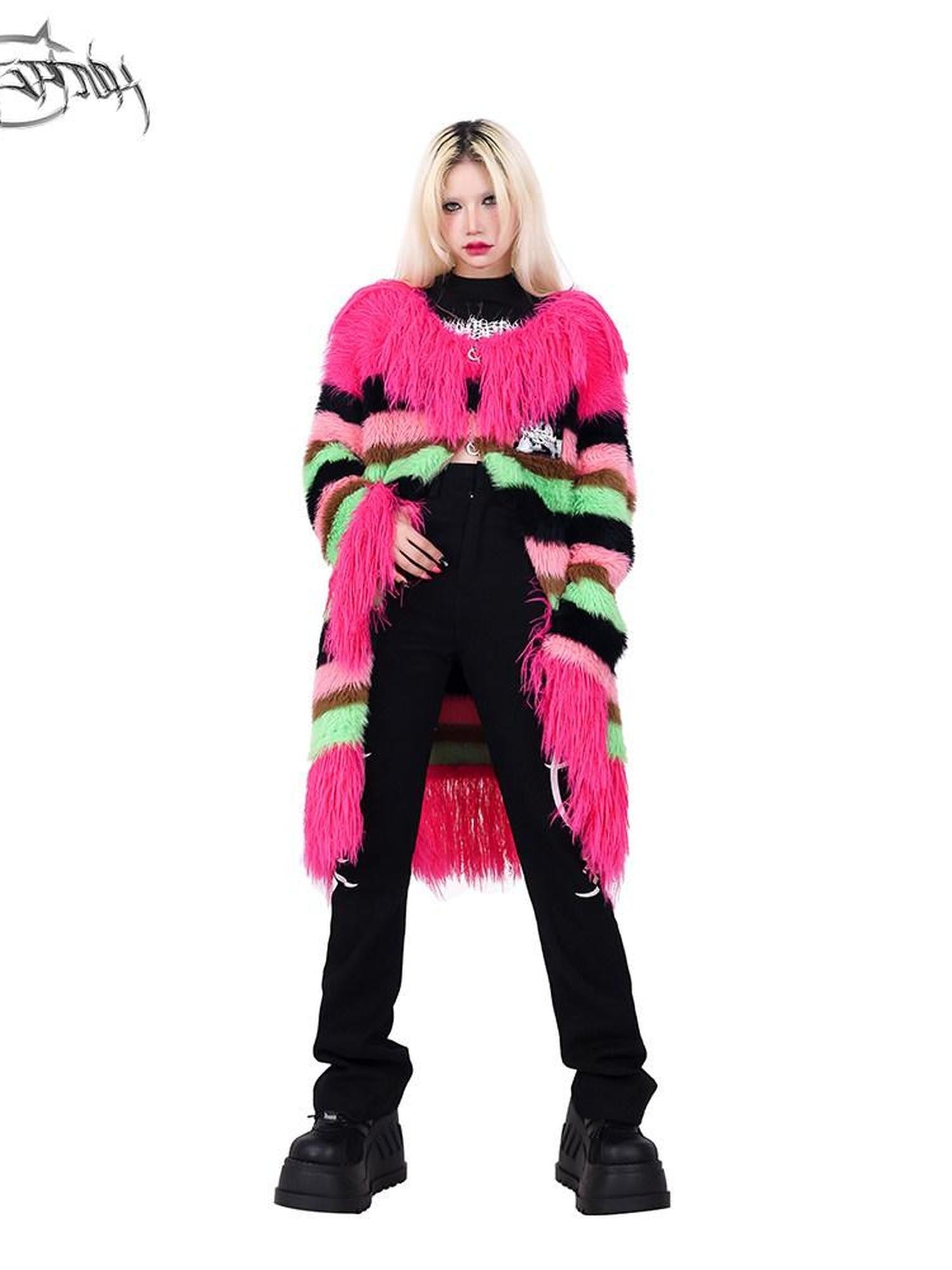 PINKSPINK Contrast Color Striped Zipper V-neck Mid Length Loose Women's Cotton Cardigans