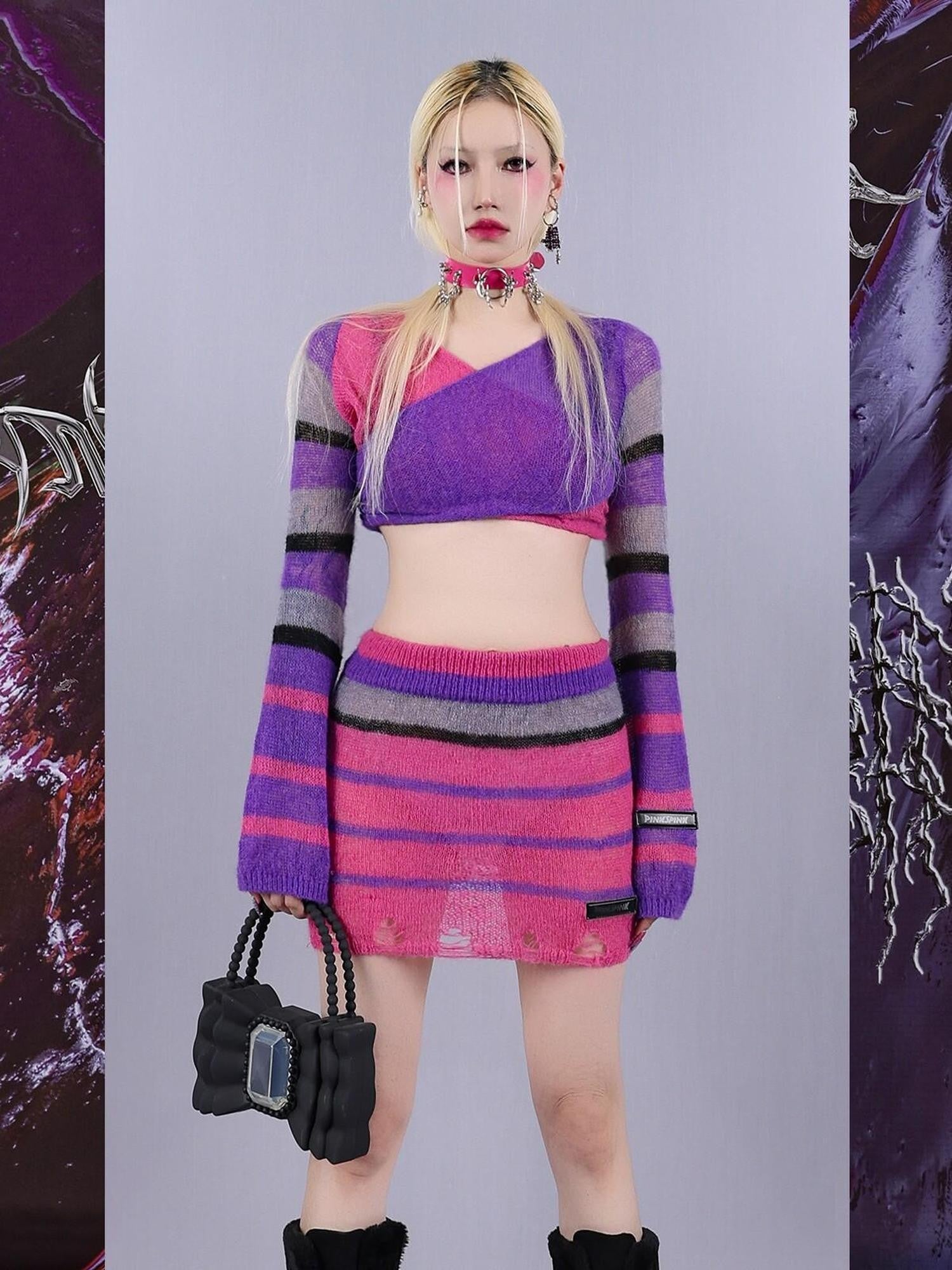 PINKSPINK Contrast Striped Distressed Cropped Slim Women's Mesh Sweaters