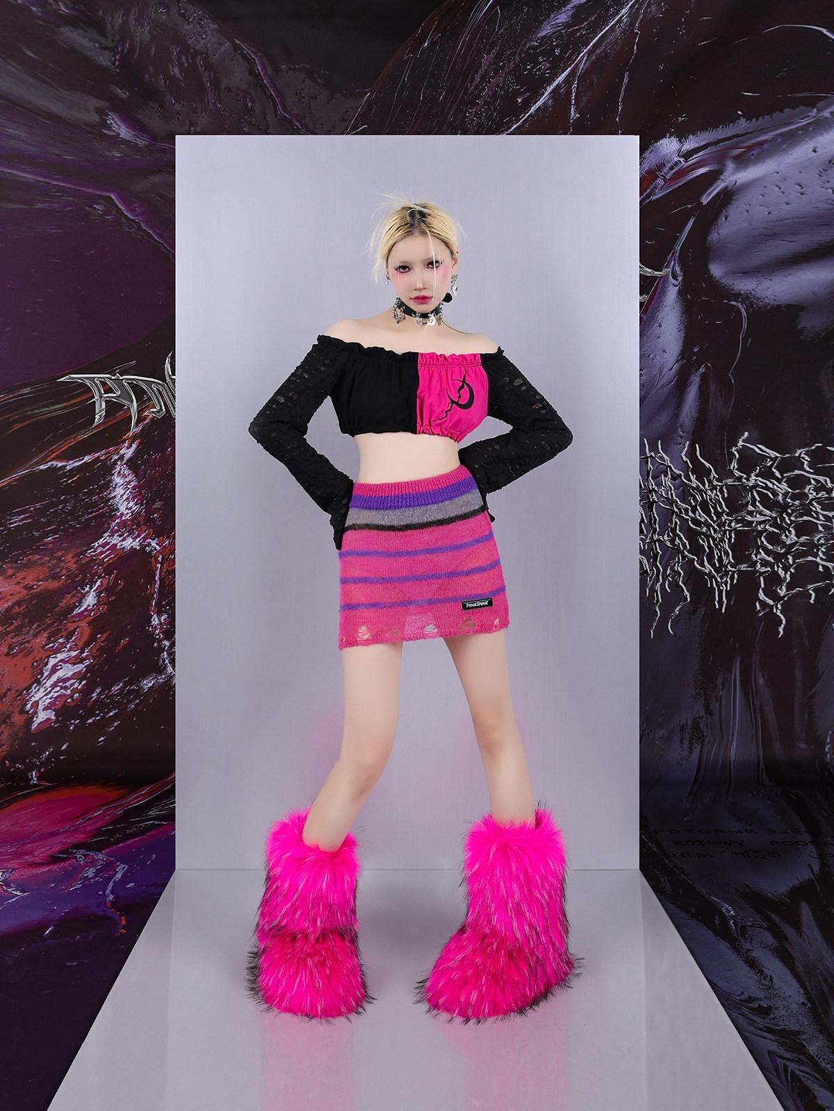 PINKSPINK Contrast Striped Distressed Cropped Slim Women's Mesh Sweaters