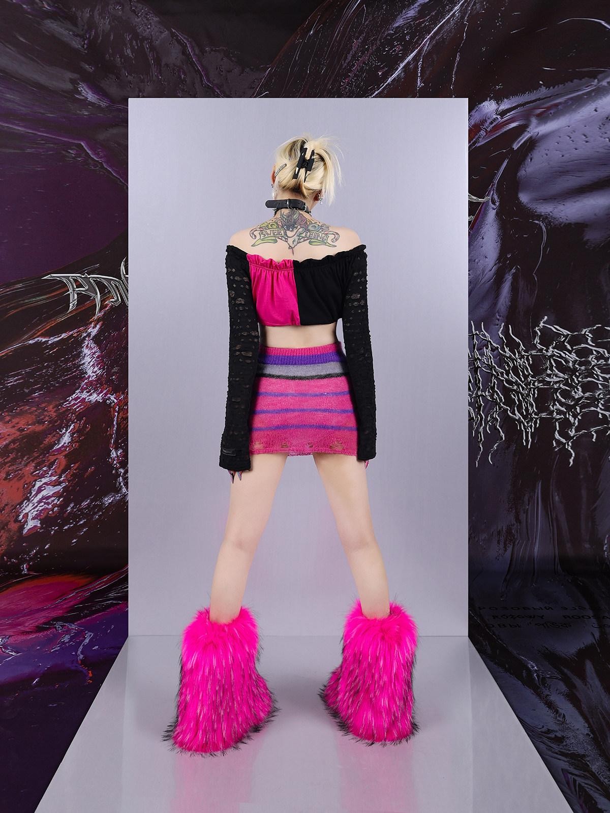 PINKSPINK Contrast Striped Distressed Cropped Slim Women's Mesh Sweaters