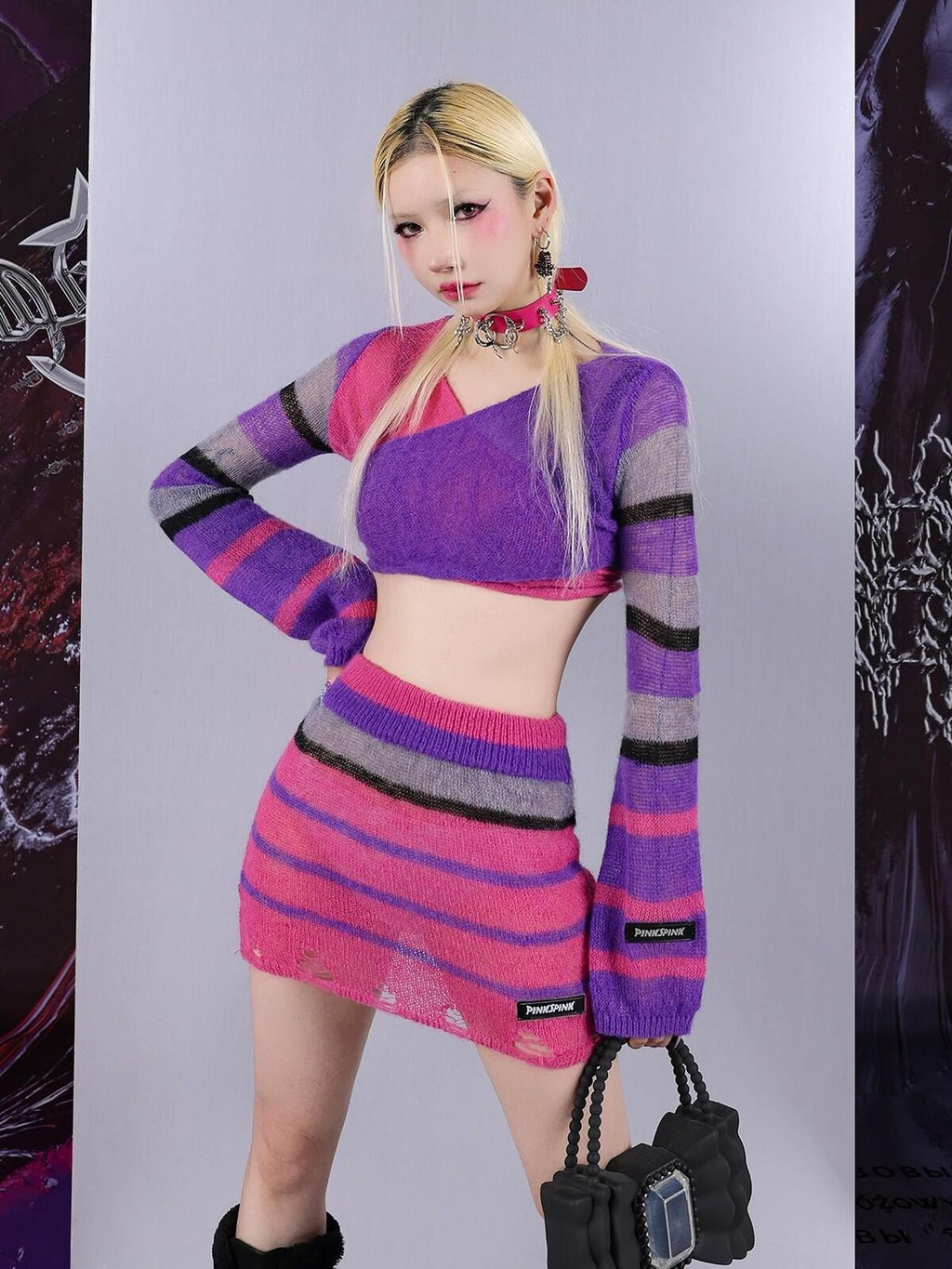PINKSPINK Contrast Striped Distressed Cropped Slim Women's Mesh Sweaters