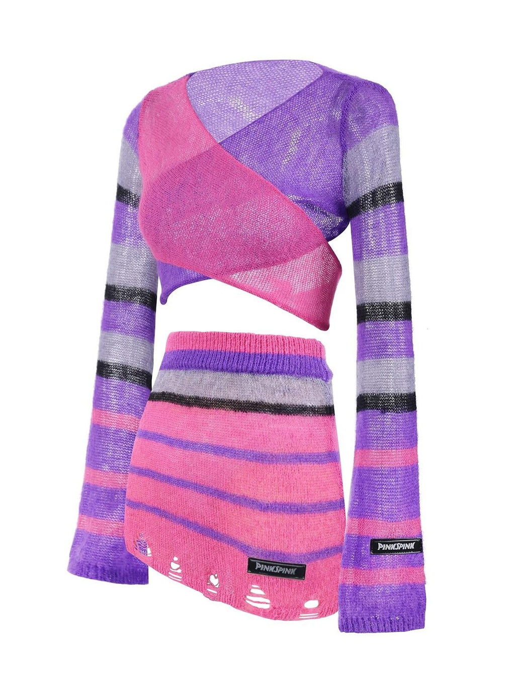 PINKSPINK Contrast Striped Distressed Cropped Slim Women's Mesh Sweaters