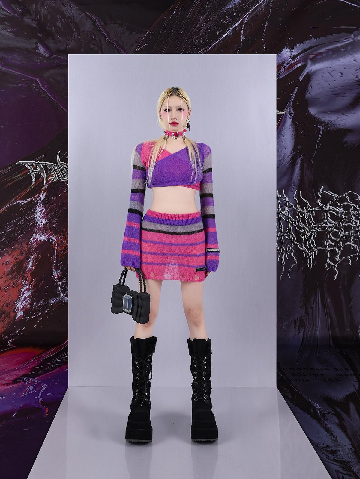 PINKSPINK Contrast Striped Distressed Cropped Slim Women's Mesh Sweaters