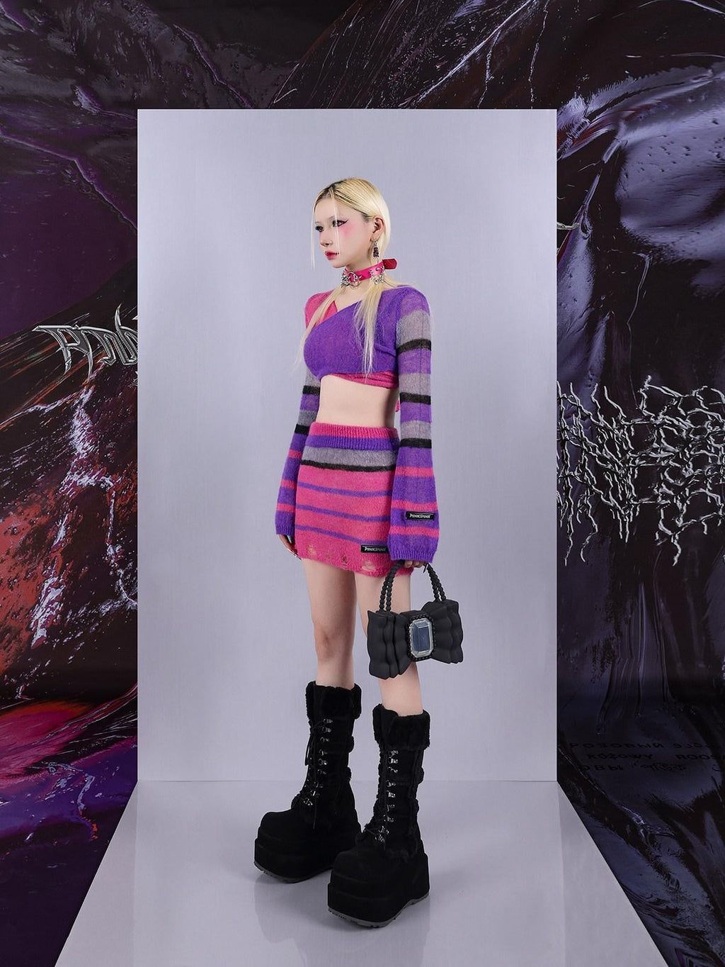 PINKSPINK Contrast Striped Distressed Cropped Slim Women's Mesh Sweaters