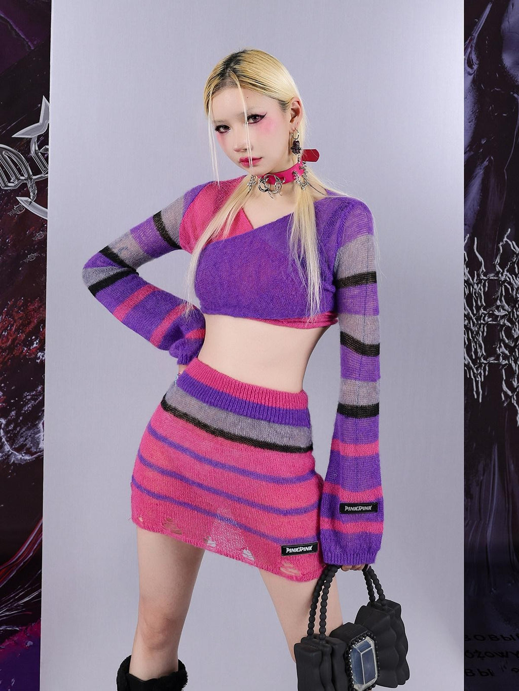 PINKSPINK Contrast Striped Distressed Cropped Slim Women's Mesh Sweaters