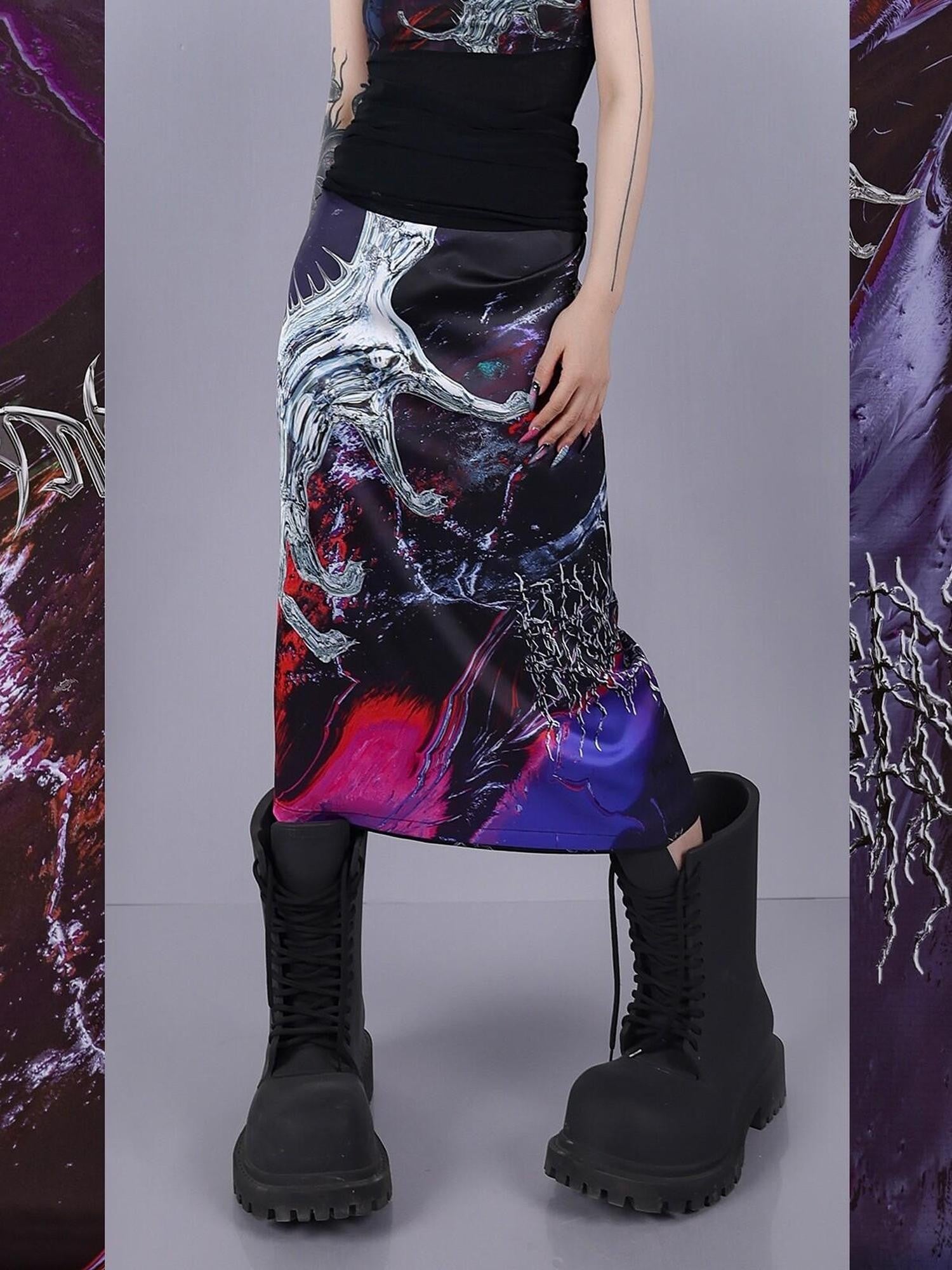Cosmic Iridescent Thorn Print Reversible Women's Midi Skirts