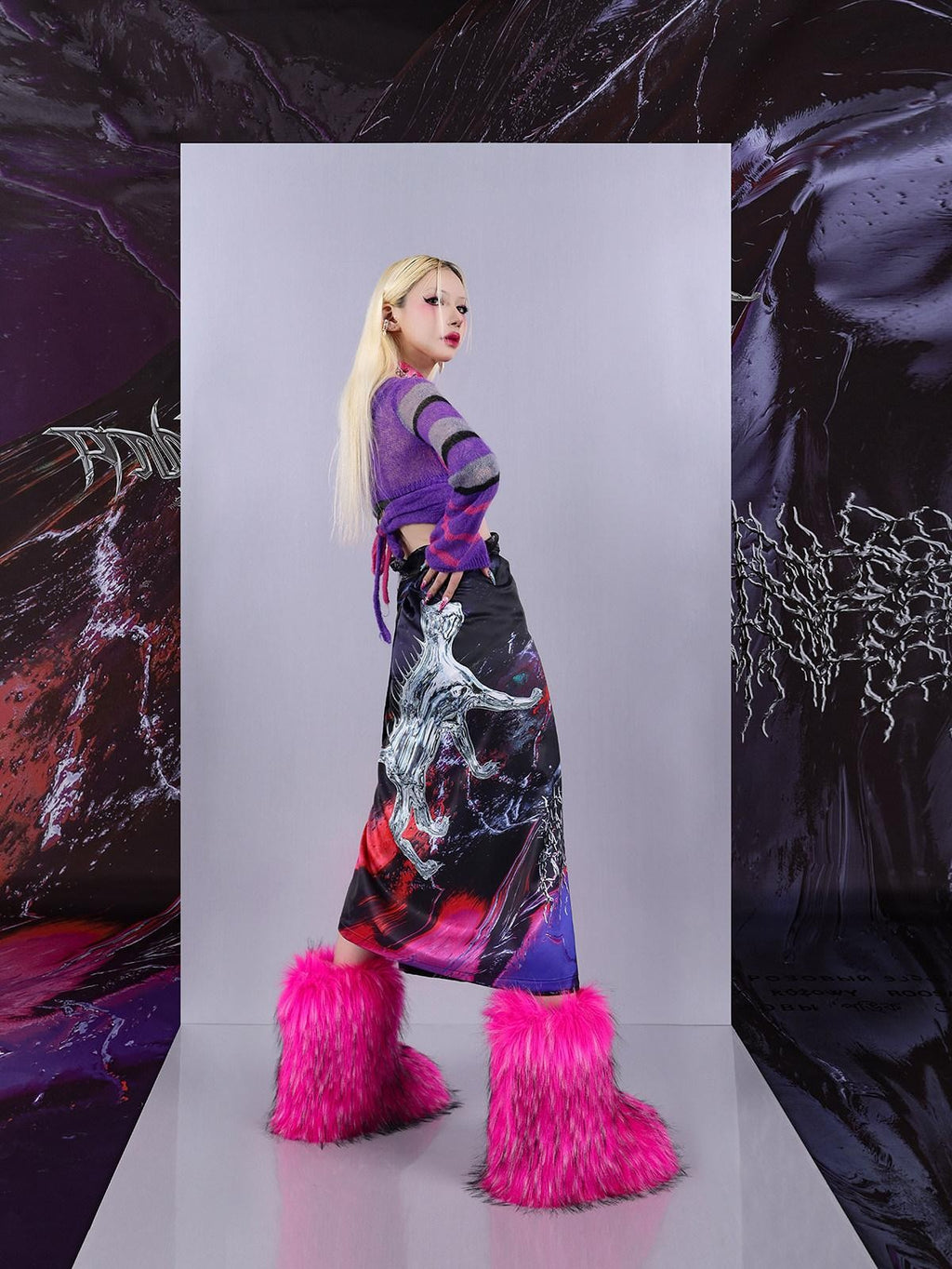 Cosmic Iridescent Thorn Print Reversible Women's Midi Skirts