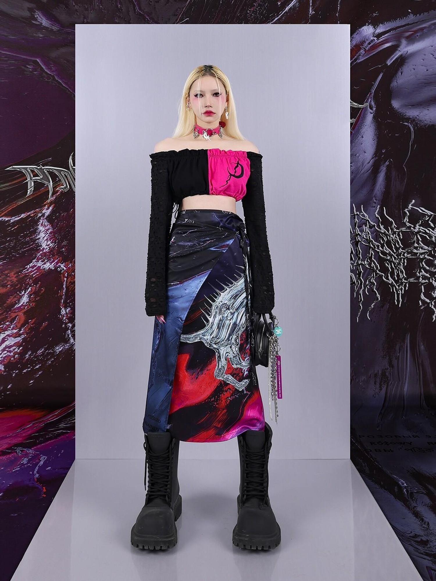 Cosmic Iridescent Thorn Print Reversible Women's Midi Skirts