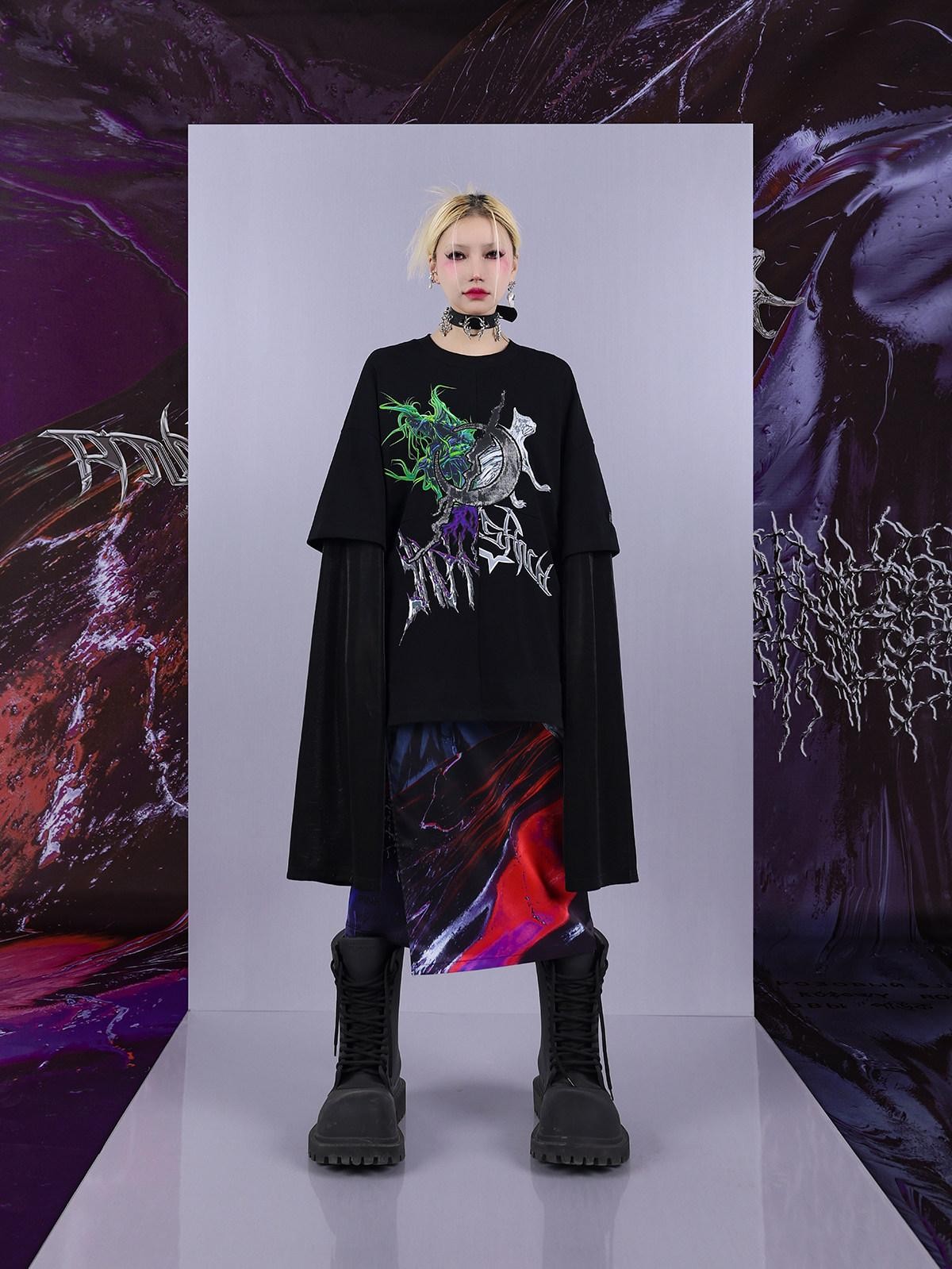 Cosmic Iridescent Thorn Print Reversible Women's Midi Skirts
