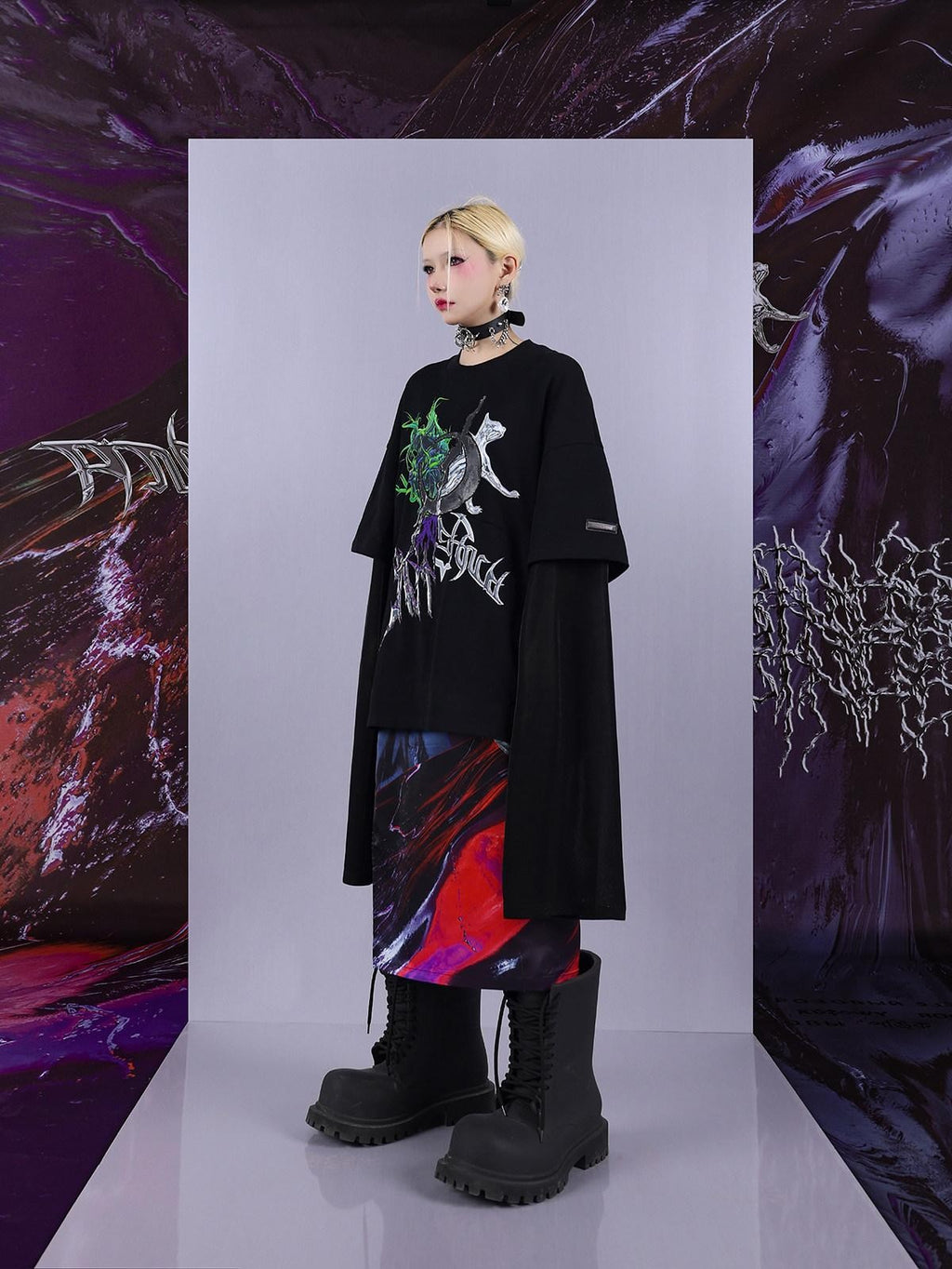 Cosmic Iridescent Thorn Print Reversible Women's Midi Skirts