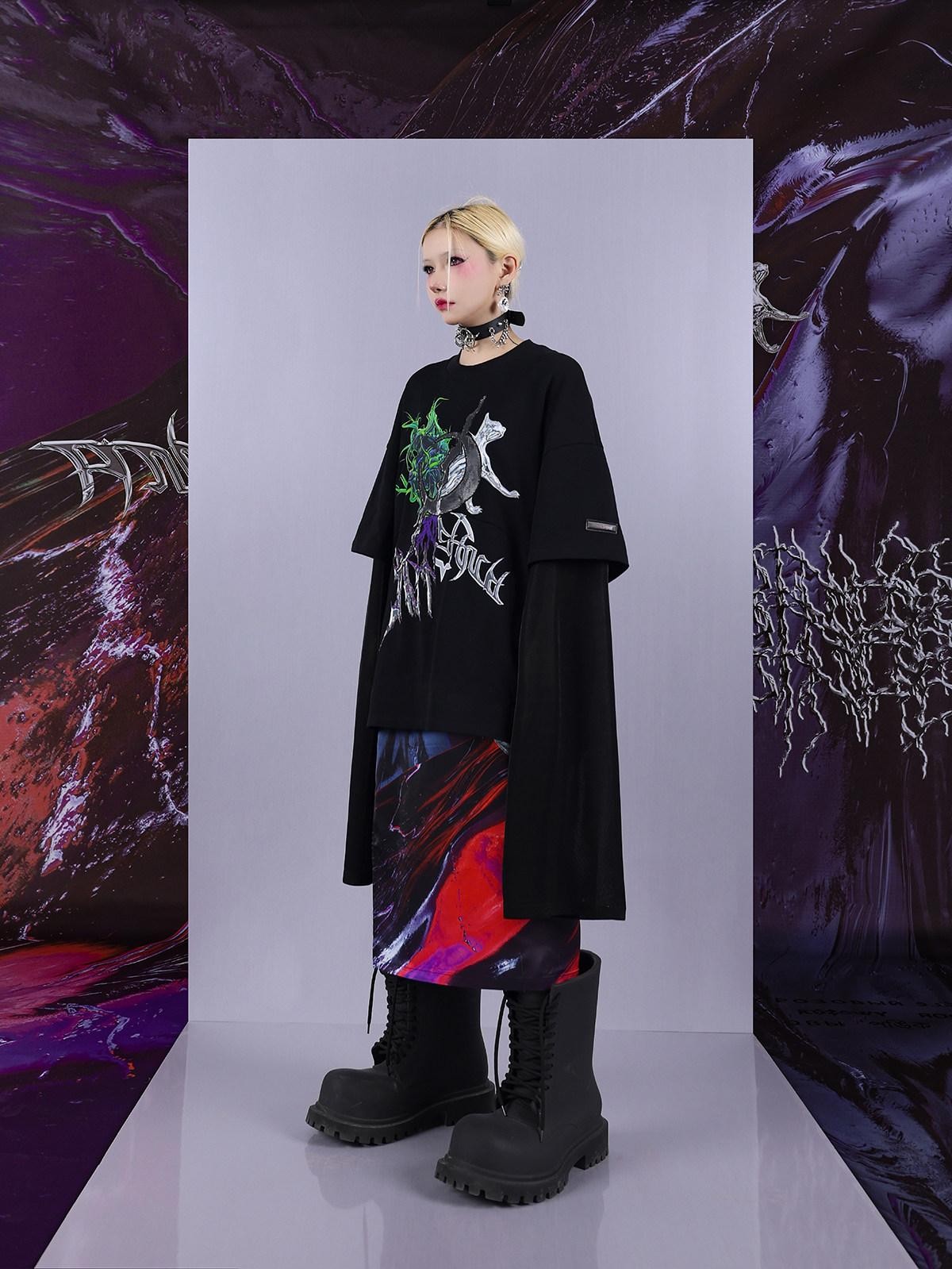 Cosmic Iridescent Thorn Print Reversible Women's Midi Skirts