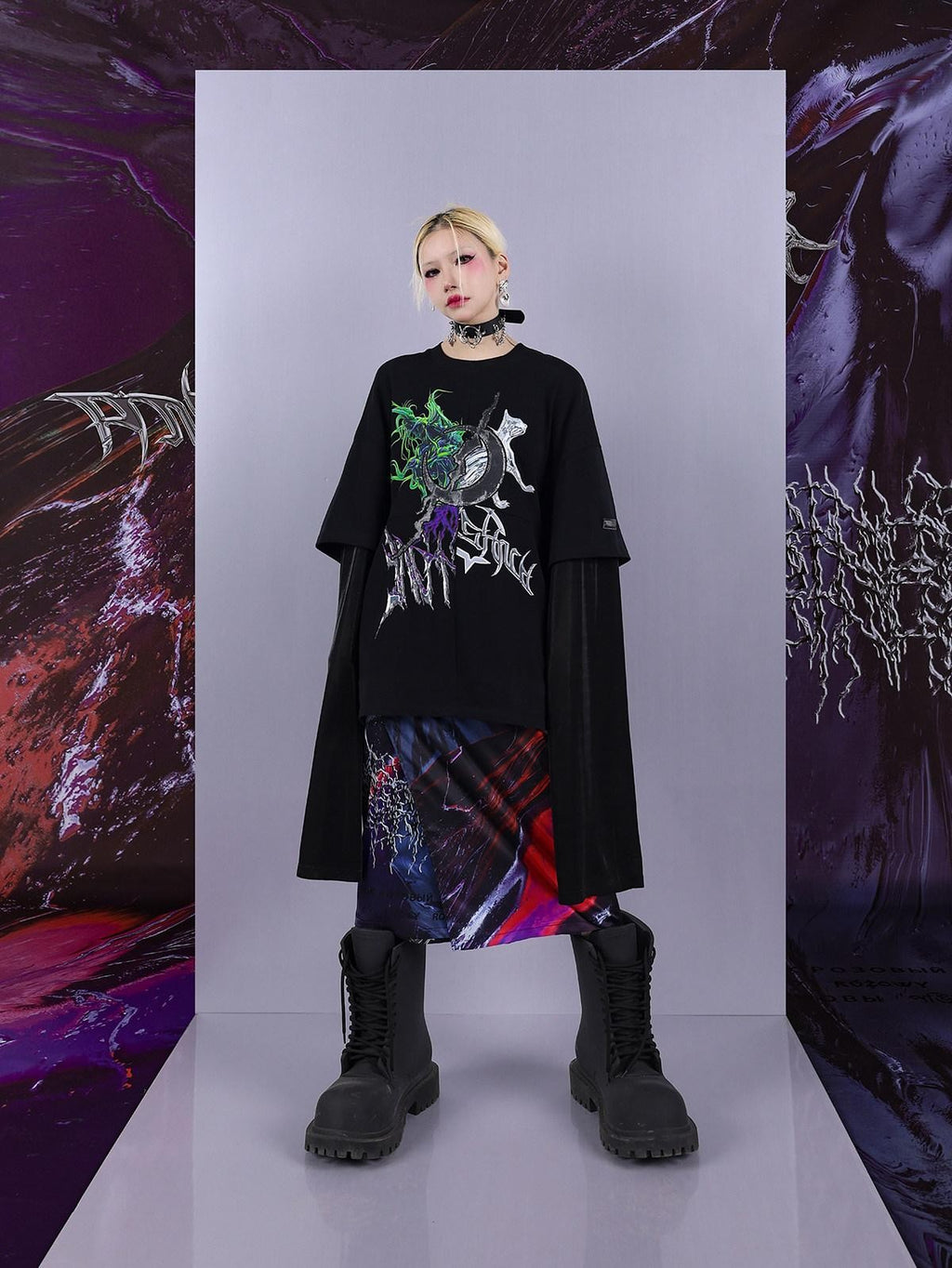 Cosmic Iridescent Thorn Print Reversible Women's Midi Skirts