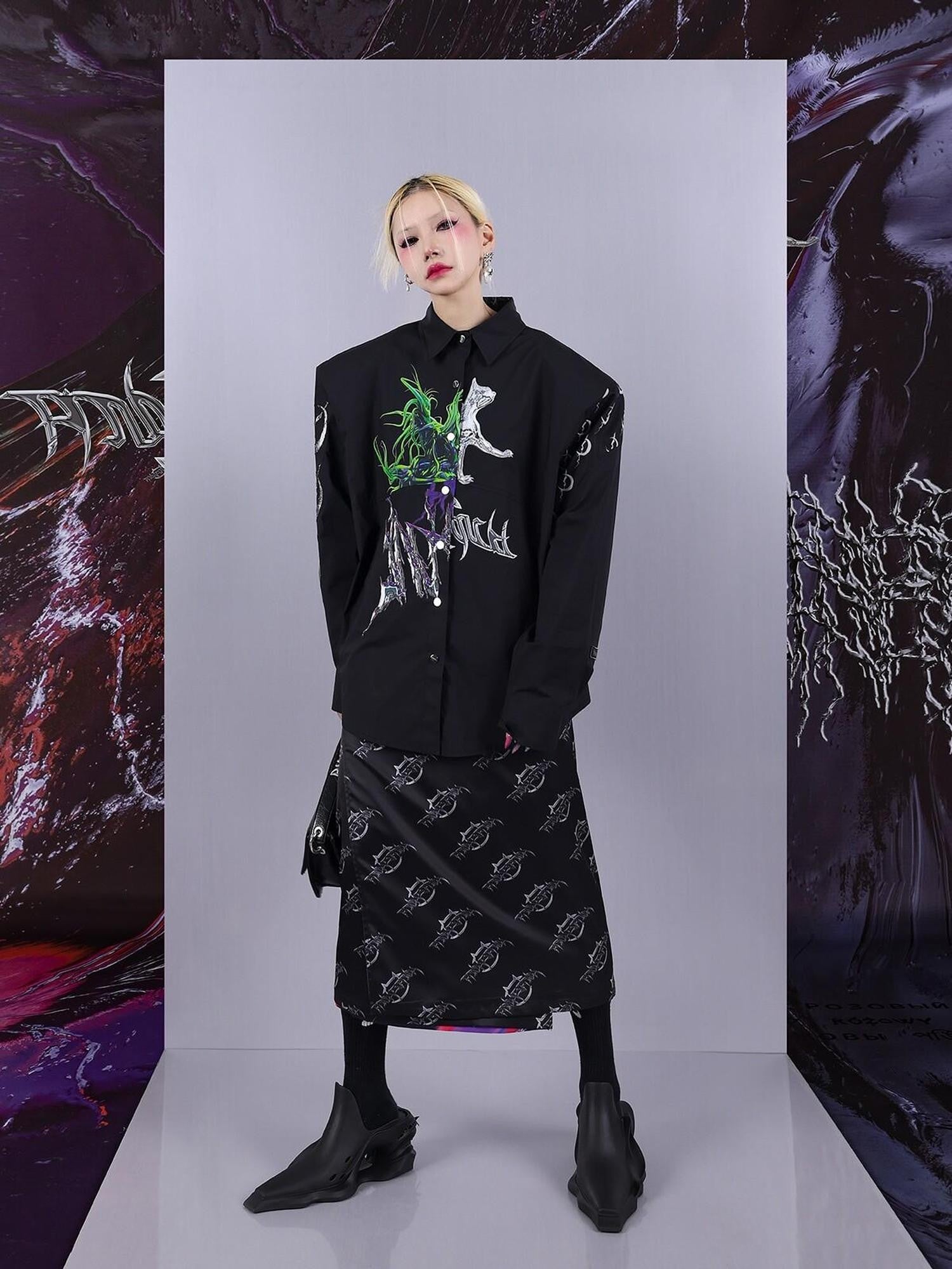 Cosmic Iridescent Thorn Print Reversible Women's Midi Skirts
