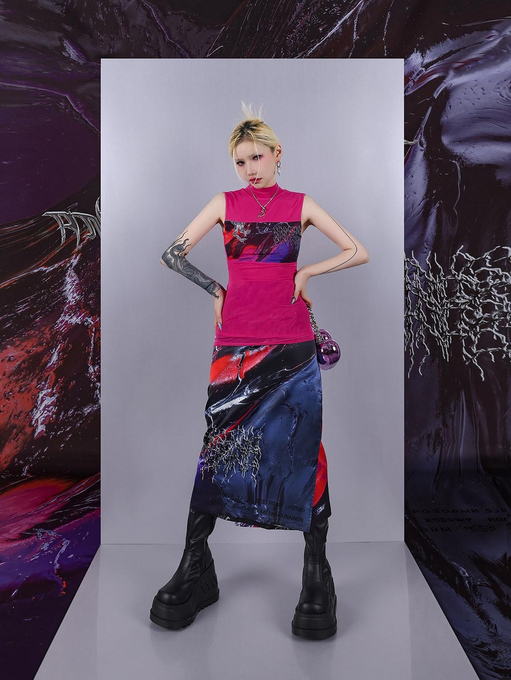 Cosmic Iridescent Thorn Print Reversible Women's Midi Skirts
