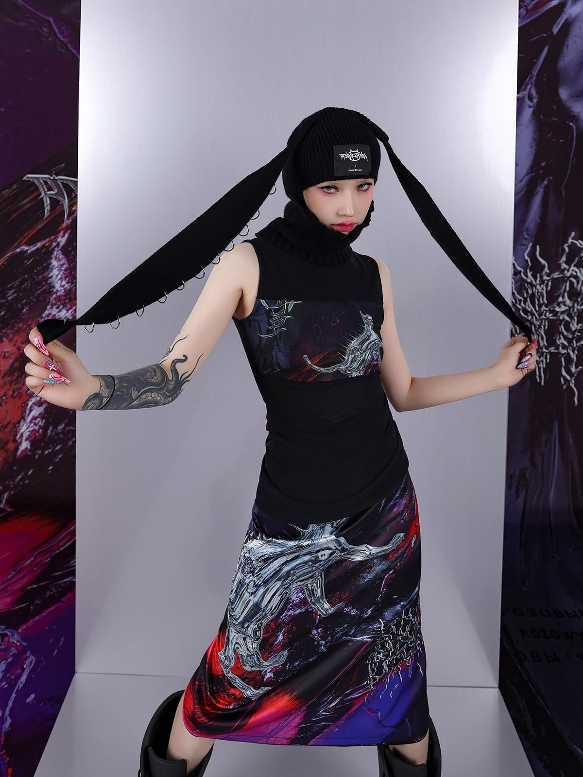Cosmic Iridescent Thorn Print Reversible Women's Midi Skirts