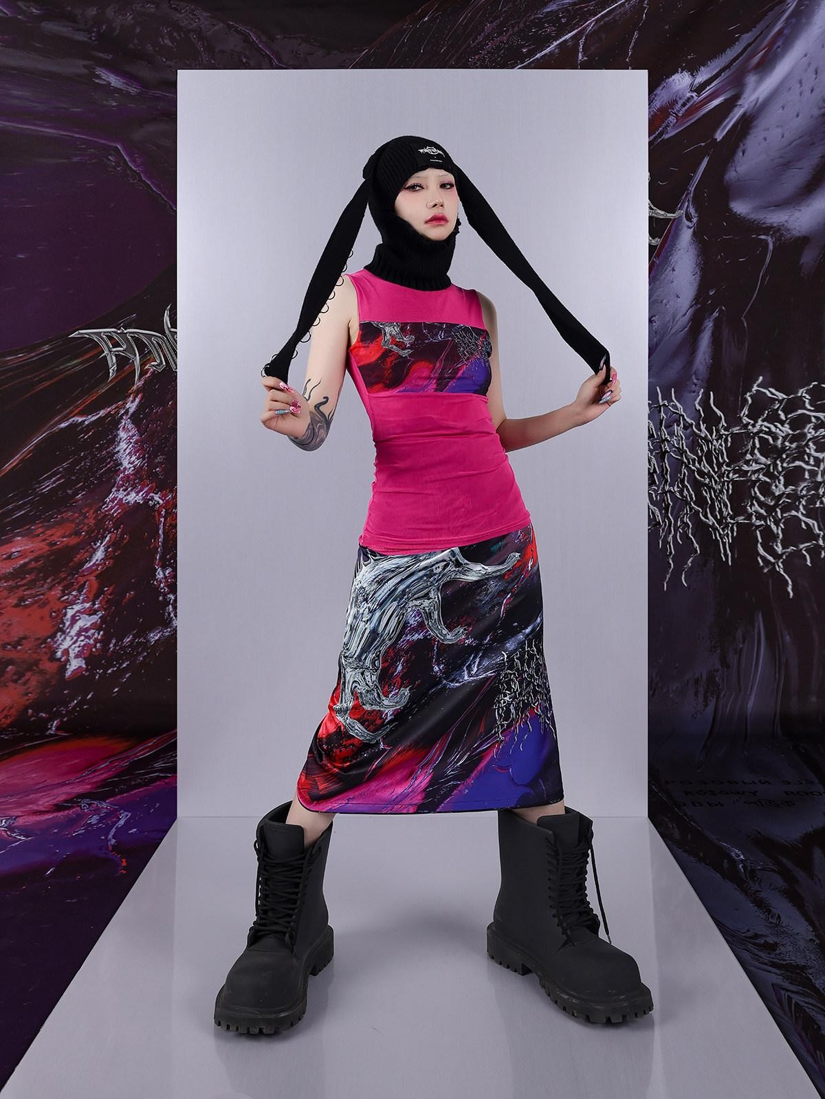Cosmic Iridescent Thorn Print Reversible Women's Midi Skirts